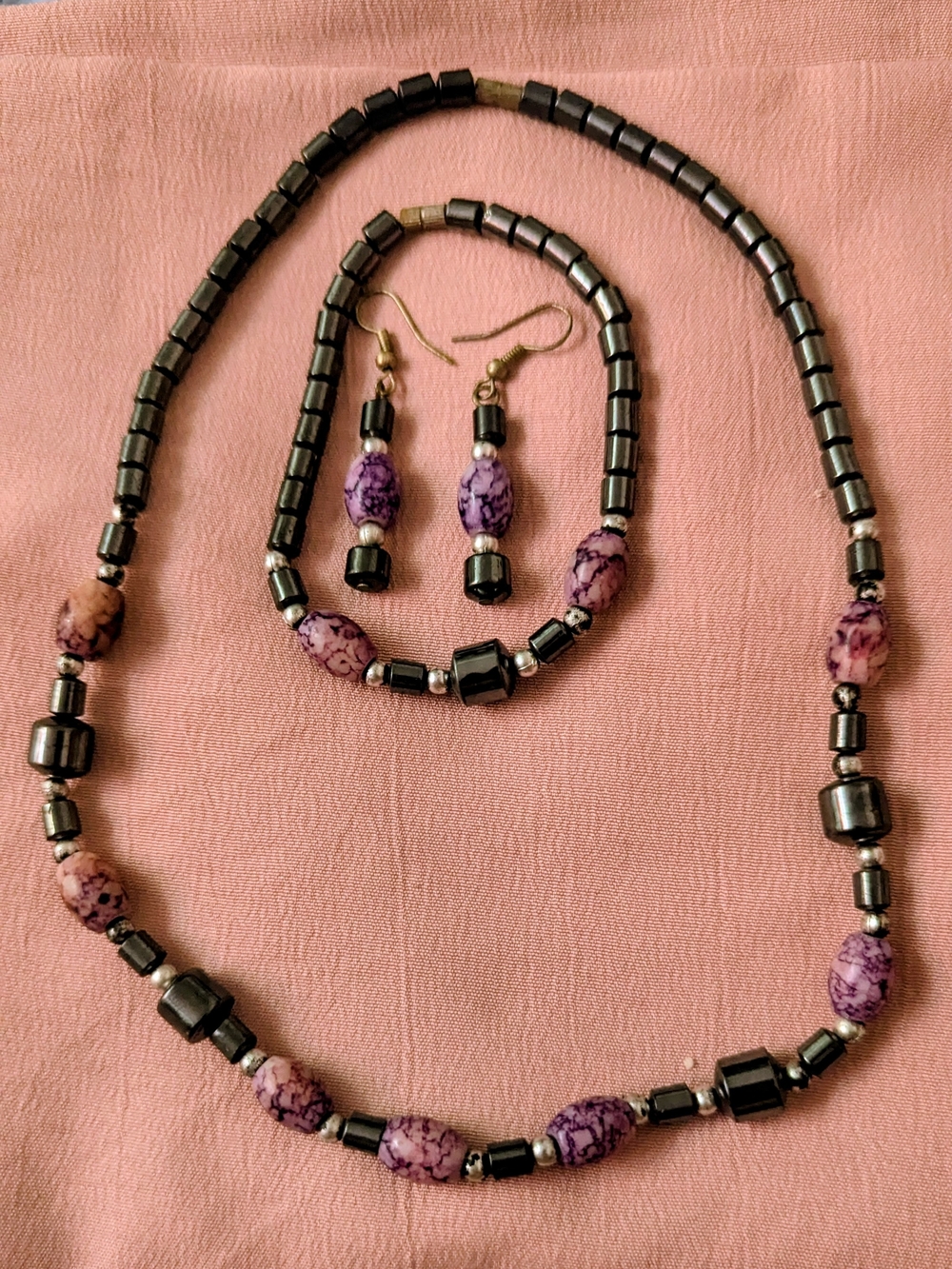 Purple and Hematite Beaded Necklace, Bracelet & Earring Set - Unbranded